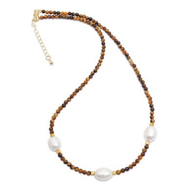 Alternate image for Gold-Accented Cultured Pearl Tigers Eye Station Necklace Three Marvels