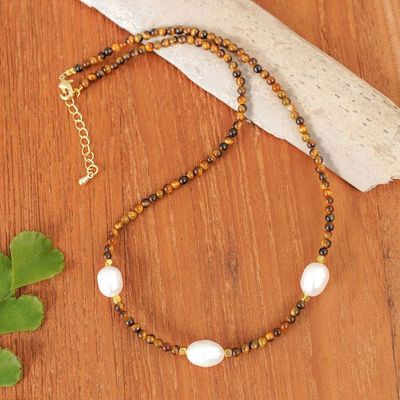 Alternate image for Gold-Accented Cultured Pearl Tigers Eye Station Necklace Three Marvels
