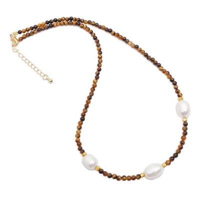 Alternate image for Gold-Accented Cultured Pearl Tigers Eye Station Necklace Three Marvels