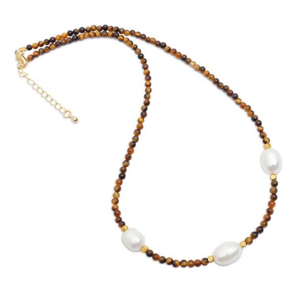 Alternate image for Gold-Accented Cultured Pearl Tigers Eye Station Necklace Three Marvels