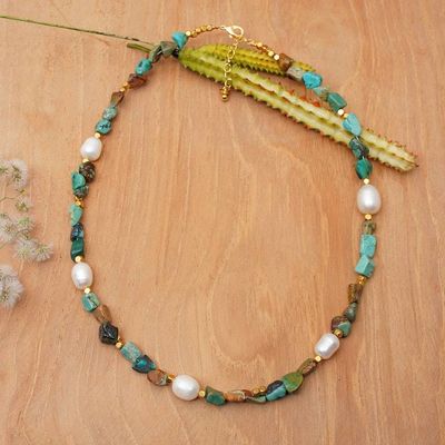 Alternate image for Cultured Pearl Reconstituted Turquoise Gold Accent Necklace Boho Spirit