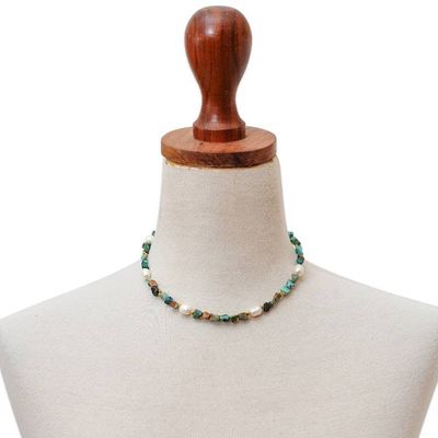 Alternate image for Cultured Pearl Reconstituted Turquoise Gold Accent Necklace Boho Spirit
