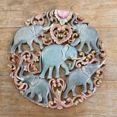 Alternate image for Hand Made Suar Wood Elephant Relief Panel from Bali Elephant Party
