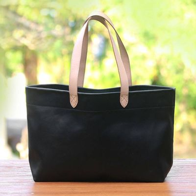 Alternate image for Handcrafted Black Leather Tote Bag with Cream Straps Sophisticated Shopper