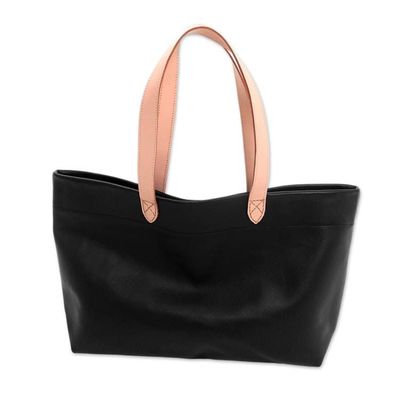 Alternate image for Handcrafted Black Leather Tote Bag with Cream Straps Sophisticated Shopper