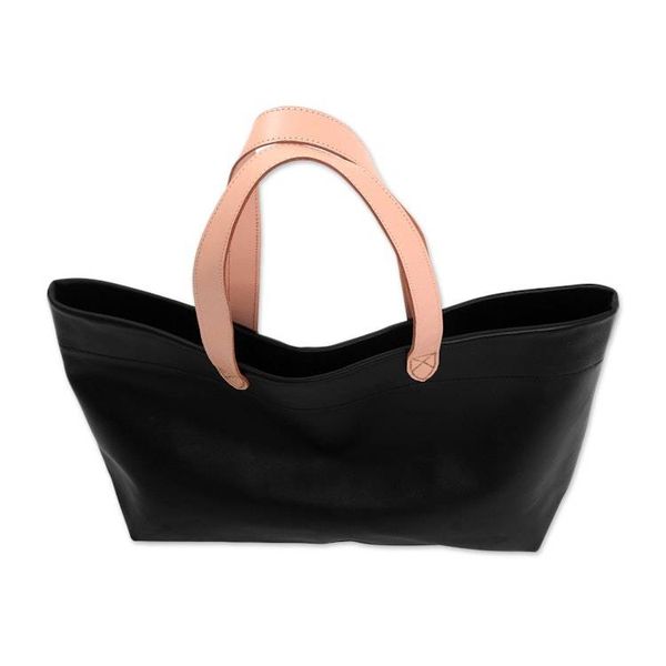 Alternate image for Handcrafted Black Leather Tote Bag with Cream Straps Sophisticated Shopper