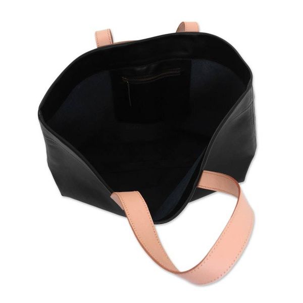 Alternate image for Handcrafted Black Leather Tote Bag with Cream Straps Sophisticated Shopper