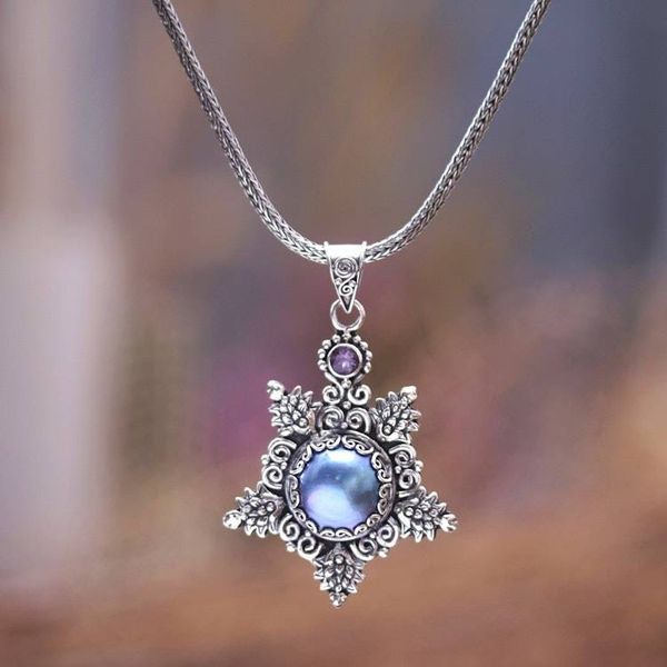 Alternate image for Balinese Blue Cultured Pearl and Amethyst Pendant Necklace Blue Pearly Bali Star