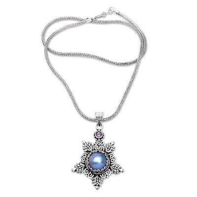 Alternate image for Balinese Blue Cultured Pearl and Amethyst Pendant Necklace Blue Pearly Bali Star