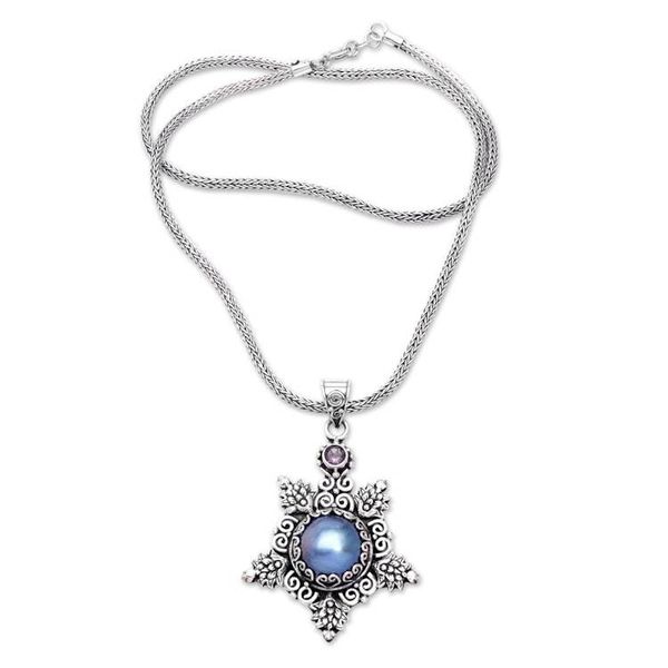 Alternate image for Balinese Blue Cultured Pearl and Amethyst Pendant Necklace Blue Pearly Bali Star