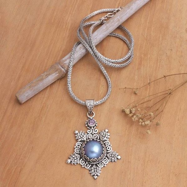 Alternate image for Balinese Blue Cultured Pearl and Amethyst Pendant Necklace Blue Pearly Bali Star