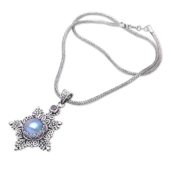 Alternate image for Balinese Blue Cultured Pearl and Amethyst Pendant Necklace Blue Pearly Bali Star