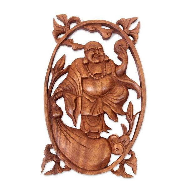 Alternate image for Chinese Style Happy Buddha Carved Wood Wall Panel Happy Buddha