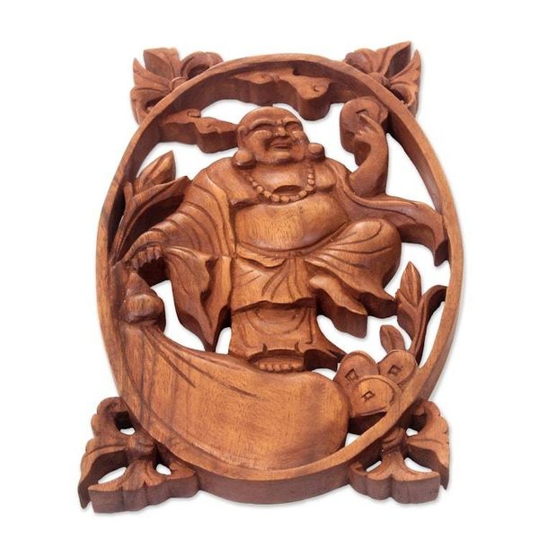 Alternate image for Chinese Style Happy Buddha Carved Wood Wall Panel Happy Buddha