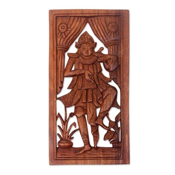 Alternate image for Balinese Dance Themed Hand Carved Wood Wall Panel Baris Dancer
