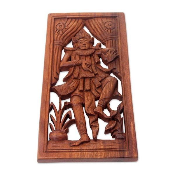Alternate image for Balinese Dance Themed Hand Carved Wood Wall Panel Baris Dancer