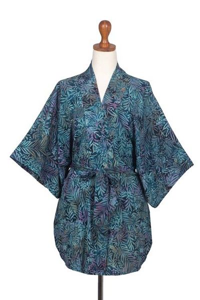 Alternate image for Handcrafted Batik Rayon Kimono Jacket with Leafy Pattern Teal Jungle