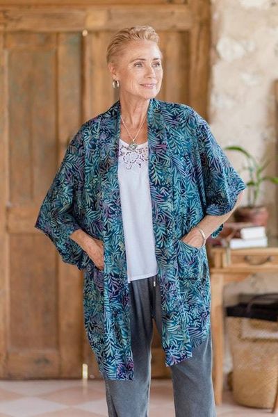 Alternate image for Handcrafted Batik Rayon Kimono Jacket with Leafy Pattern Teal Jungle