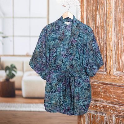 Alternate image for Handcrafted Batik Rayon Kimono Jacket with Leafy Pattern Teal Jungle
