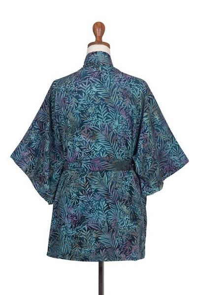 Alternate image for Handcrafted Batik Rayon Kimono Jacket with Leafy Pattern Teal Jungle