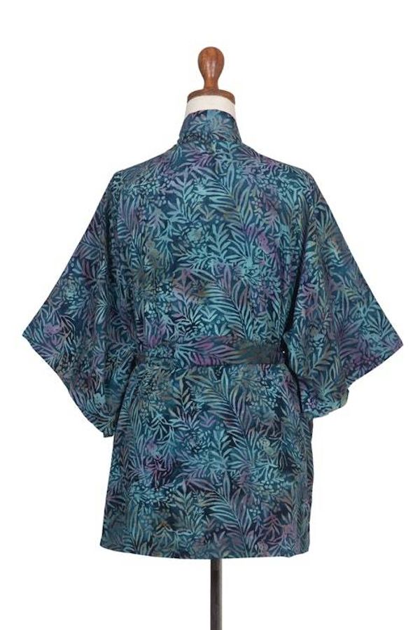 Alternate image for Handcrafted Batik Rayon Kimono Jacket with Leafy Pattern Teal Jungle