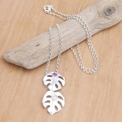 Alternate image for Silver Leaf Pendant Necklace with Blue Topaz and Amethyst Gleaming Monstera