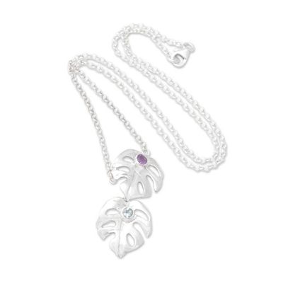 Alternate image for Silver Leaf Pendant Necklace with Blue Topaz and Amethyst Gleaming Monstera