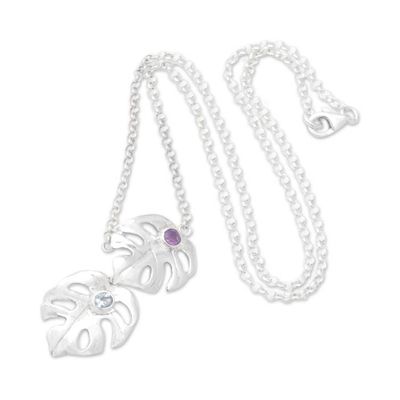 Alternate image for Silver Leaf Pendant Necklace with Blue Topaz and Amethyst Gleaming Monstera
