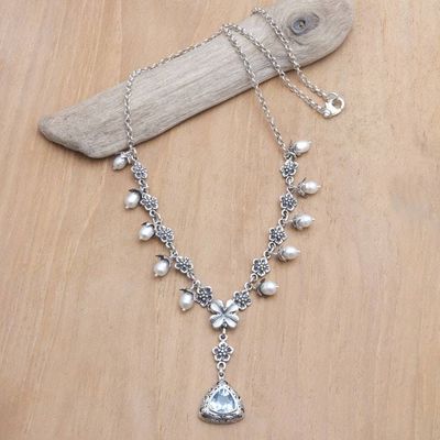 Primary image for Floral Y Necklace with White Pearls and Blue Topaz Jewel Sea Majesty