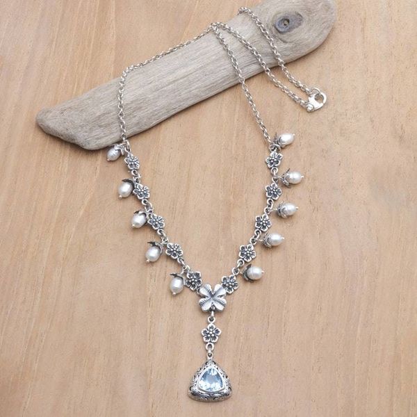 Alternate image for Floral Y Necklace with White Pearls and Blue Topaz Jewel Sea Majesty