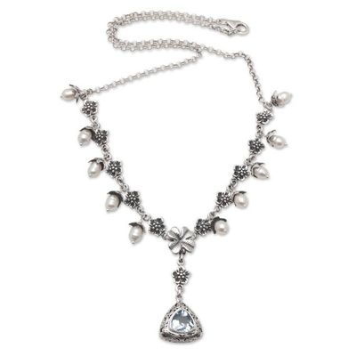 Alternate image for Floral Y Necklace with White Pearls and Blue Topaz Jewel Sea Majesty