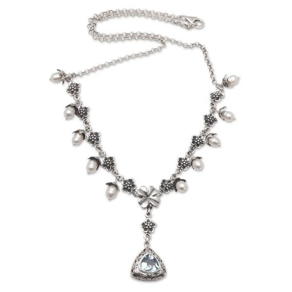 Alternate image for Floral Y Necklace with White Pearls and Blue Topaz Jewel Sea Majesty
