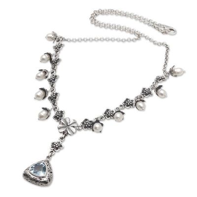 Alternate image for Floral Y Necklace with White Pearls and Blue Topaz Jewel Sea Majesty