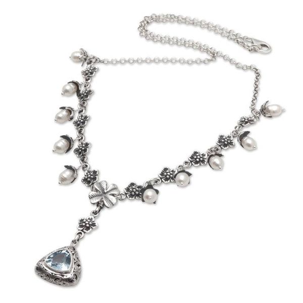 Alternate image for Floral Y Necklace with White Pearls and Blue Topaz Jewel Sea Majesty