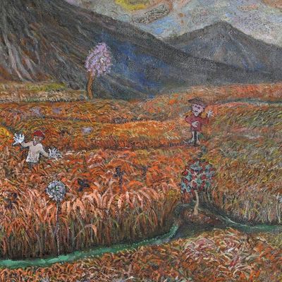 Alternate image for Impressionist Acrylic on Canvas Rice Field Scape Painting The Ricefields