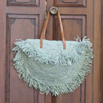 Alternate image for Handwoven Pineapple Leaf Shoulder Bag with Leather Straps Green Crescent