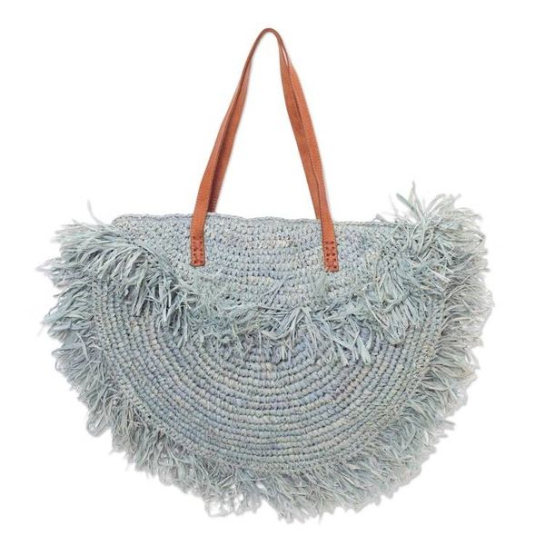 Alternate image for Handwoven Pineapple Leaf Shoulder Bag with Leather Straps Green Crescent