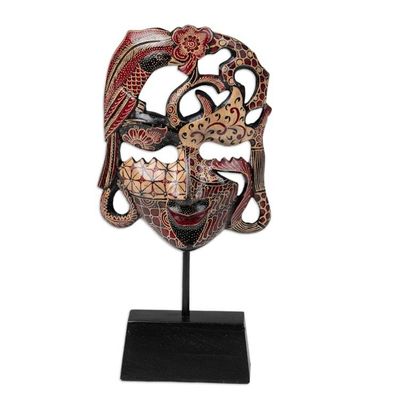 Primary image for Traditional Batik Red and Brown Pule Wood Mask with Stand Queen of Forest