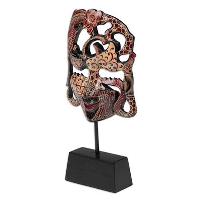 Alternate image for Traditional Batik Red and Brown Pule Wood Mask with Stand Queen of Forest
