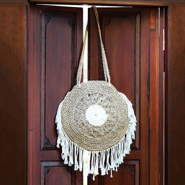 Alternate image for Handwoven Natural Fiber Shoulder Bag with Cotton Trim Boho Fringe