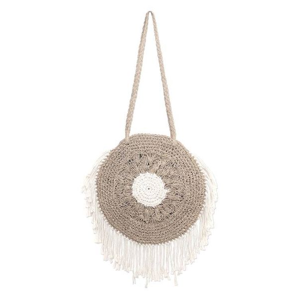 Alternate image for Handwoven Natural Fiber Shoulder Bag with Cotton Trim Boho Fringe