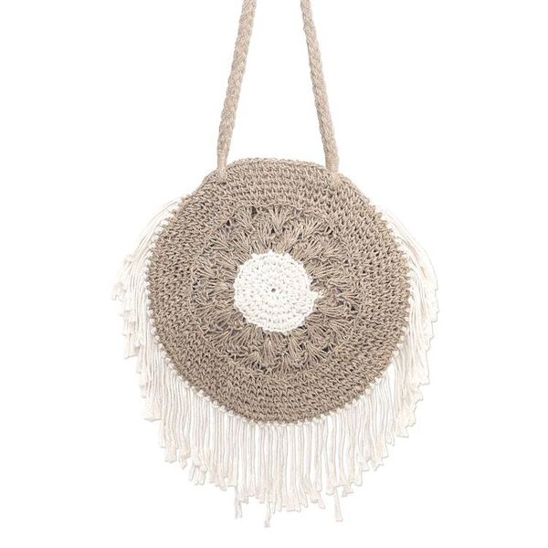 Alternate image for Handwoven Natural Fiber Shoulder Bag with Cotton Trim Boho Fringe