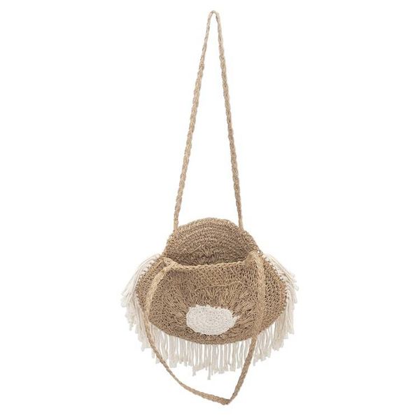 Alternate image for Handwoven Natural Fiber Shoulder Bag with Cotton Trim Boho Fringe