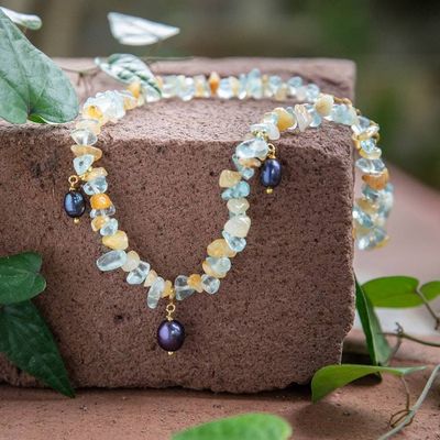 Alternate image for Citrine Aquamarine Cultured Pearl Gold Accent Charm Necklace Galaxy Fantasy