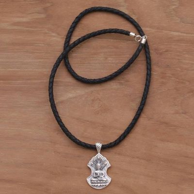 Alternate image for Sterling Silver and Leather Pendant Necklace of Buddha Silent Buddha