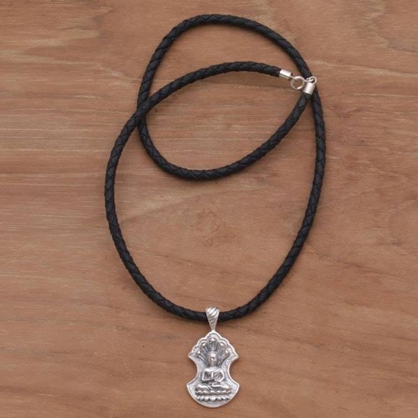 Alternate image for Sterling Silver and Leather Pendant Necklace of Buddha Silent Buddha