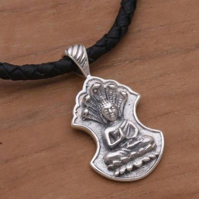 Alternate image for Sterling Silver and Leather Pendant Necklace of Buddha Silent Buddha
