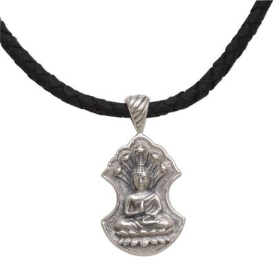 Alternate image for Sterling Silver and Leather Pendant Necklace of Buddha Silent Buddha