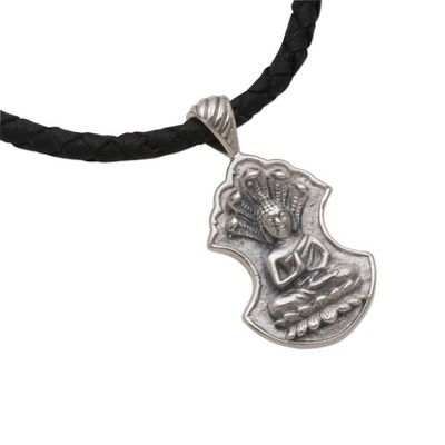 Alternate image for Sterling Silver and Leather Pendant Necklace of Buddha Silent Buddha