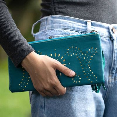 Primary image for Cutout Design Leather Wallet Clutch in Cool Teal Prambanan Fireworks in Teal